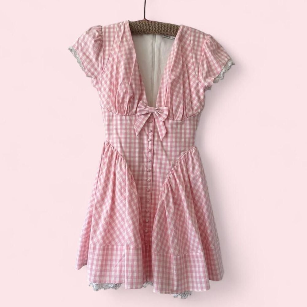 HOUSE OF CB 'Emiliana' Pink Gingham Cotton Mini Dress/Size S Regular Length. Bra - Picture 2 of 5